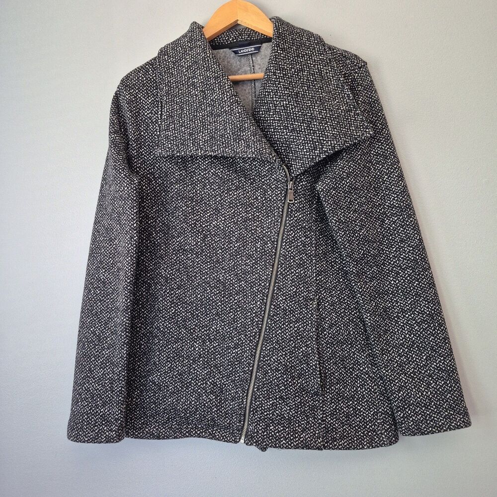 Lands End Black White Marbled Asymmetrical Zip Up Jacket Pockets Womens Medium